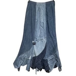 Vintage Patchwork Denim Maxi Skirt Medium Elastic Waist Tiered‎ A Line Prairie
